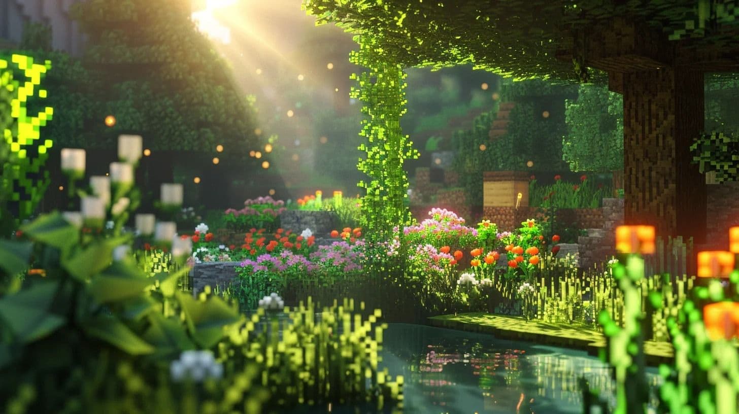 Hutan blok Minecraft dengan deretan pohon di kejauhan